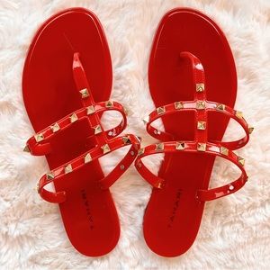 Moving Sale! EUC Tahari Red Gold Studded Lila Flat Jelly Sandal Size 10